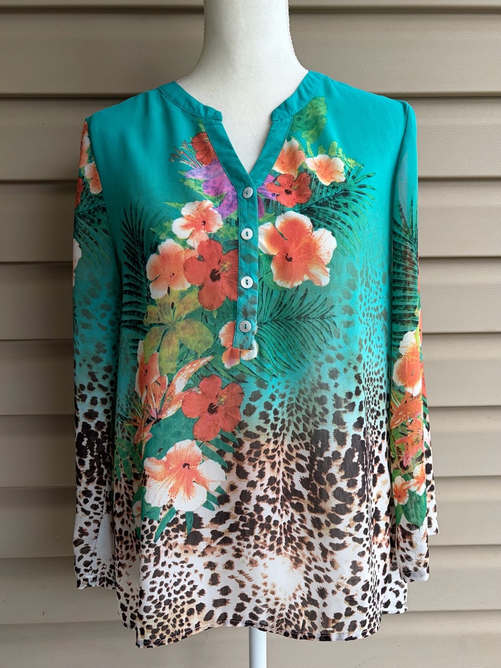 •Soft Surroundings• Floral Tropical Leopard Print Blouse - Size Small Petite